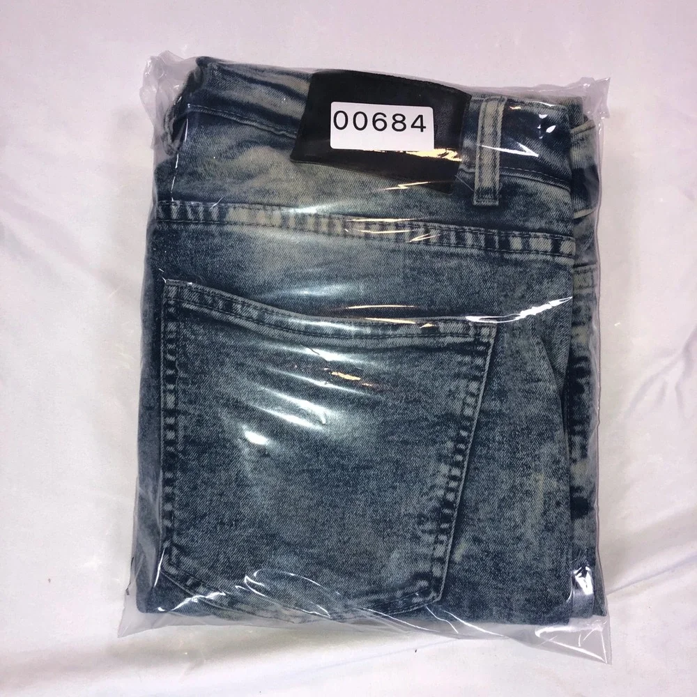 Reason Brand Mens Moto Biker Jeans Acid Wash Blue Distressed Slim Straight 38x30